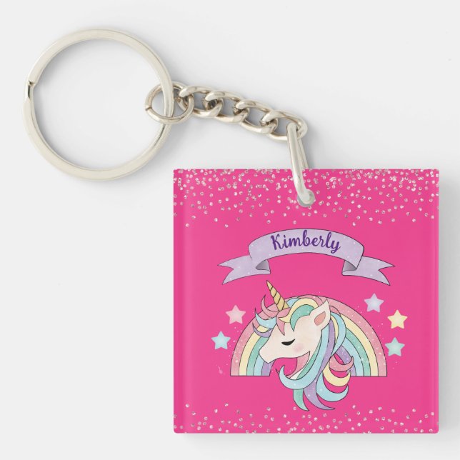Cute Rainbow & Sparkly Unicorn Hot Pink Glitter Key Ring (Front)