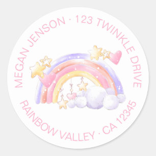 Cute Rainbow Stars and Cloud Pink Return Address Classic Round Sticker