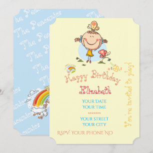 Cute Rainbow Stick Figure Girl Butterflies Nature Invitation