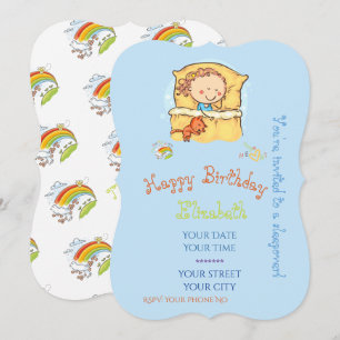 Cute Rainbow Stick Figure Girl Sleeping Cat Invitation