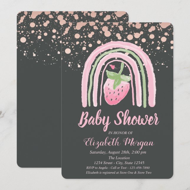 Cute Rainbow Strawberry,Rose Gold Dots Baby Shower Invitation (Front/Back)
