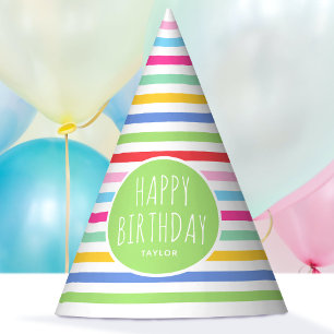 Cute Rainbow Striped Happy Birthday Green Party Hat