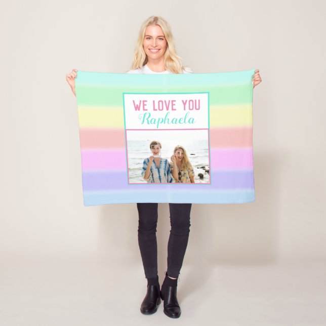 Cute Rainbow Stripes Custom Photo and Name Fleece Blanket (In Situ)