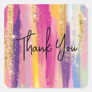 Cute Rainbow Stripes with Gold Glitter Thank You Square Sticker