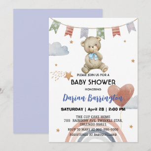 Cute Rainbow teddy Bear balloon baby boy shower  Invitation