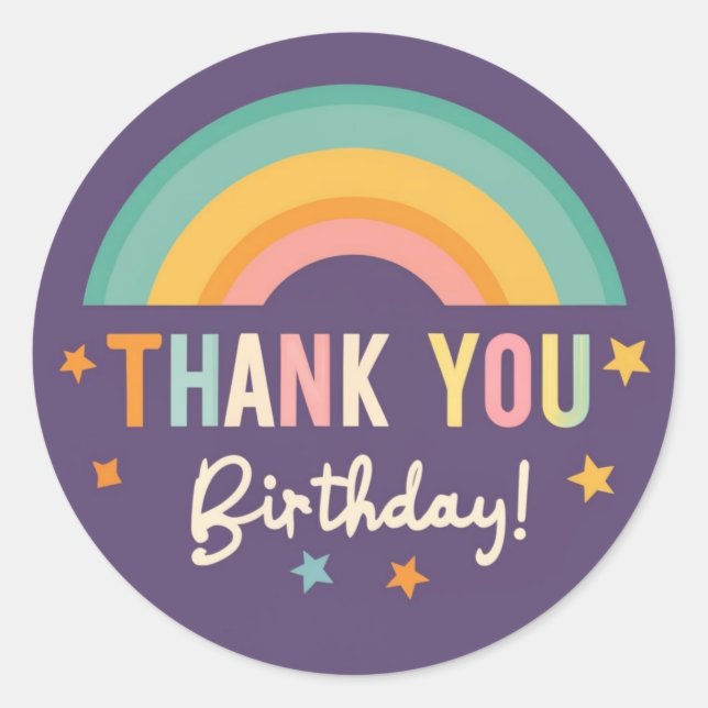 Cute Rainbow Thank You Purple Kids Birthday  Classic Round Sticker (Front)