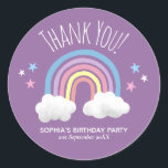 Cute Rainbow Thank You Purple Kids Birthday Classic Round Sticker<br><div class="desc">This cute and magical girls purple baby shower favour sticker design features a rainbow and stars,  and can be personalised with your child's name and the date of your birthday party. The perfect whimsical 'thank you' favour stickers for your kids birthday party.</div>