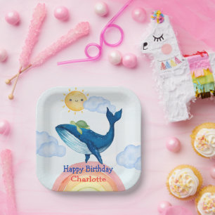 Cute Rainbow turtle whale fish Birthday party Paper Plate