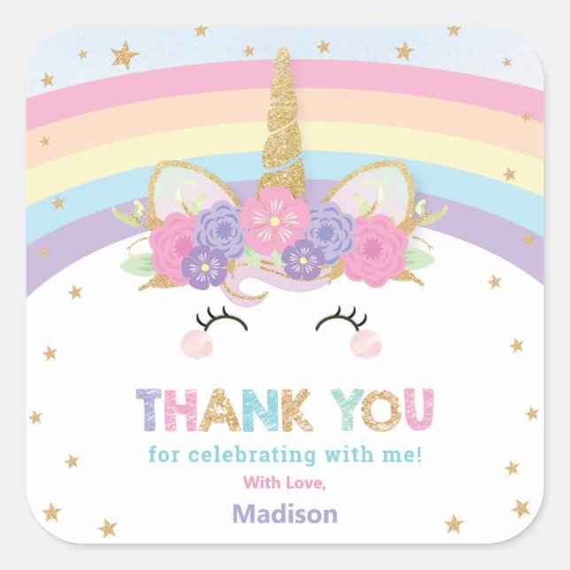 Cute Rainbow Unicorn 1st 2nd Birthday Party Favour Square Sticker (Front)