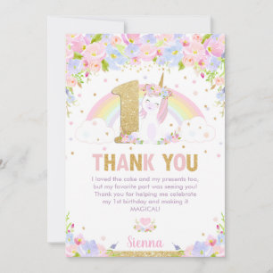 Cute Rainbow Unicorn 1st Birthday Party Thank You Card