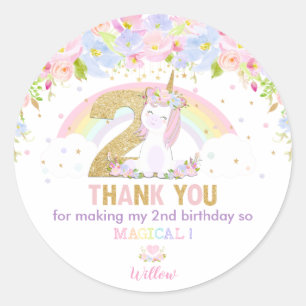 Cute Rainbow Unicorn 2nd Birthday Thank You Favour Classic Round Sticker