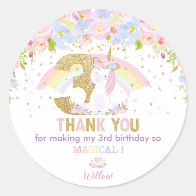 Cute Rainbow Unicorn 3rd Birthday Thank You Favour Classic Round Sticker (Front)