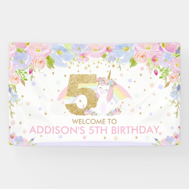 Cute Rainbow Unicorn 5th Birthday Welcome Backdrop Banner (Horizontal)