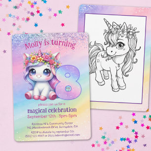 Cute Rainbow Unicorn 8th magical birthday Invitation
