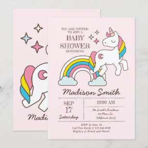 Cute Rainbow Unicorn And Sparkles Baby Shower Invitation