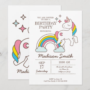 Cute Rainbow Unicorn And Sparkles Birthday Invitation