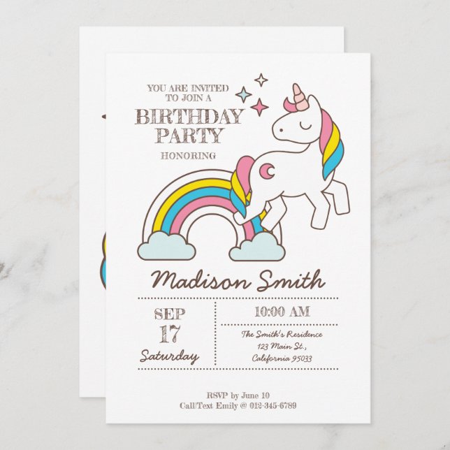 Cute Rainbow Unicorn And Sparkles Birthday Invitation (Front/Back)