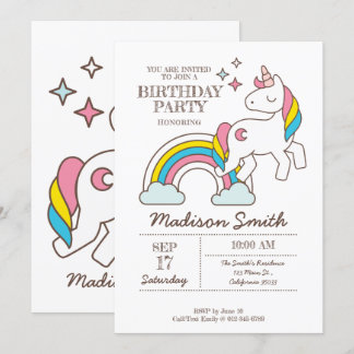 Cute Rainbow Unicorn And Sparkles Birthday Invitation