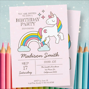 Cute Rainbow Unicorn And Sparkles Birthday Invitation