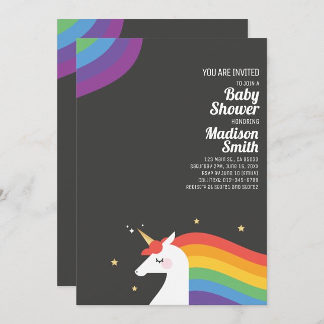 Cute Rainbow Unicorn and Stars Baby Shower Invitation (Front/Back)