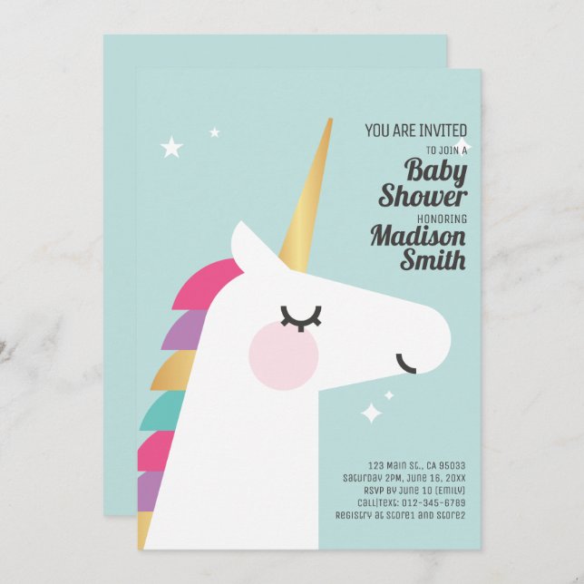 Cute Rainbow Unicorn Baby Shower Invitation (Front/Back)