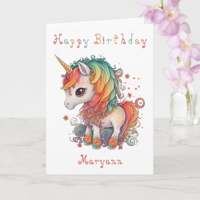Cute Rainbow Unicorn Birthday Card (Orchid)