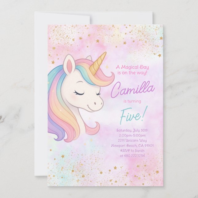 Cute Rainbow Unicorn Birthday Party Invitation (Front)
