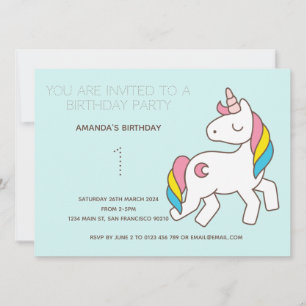 Cute Rainbow Unicorn Birthday Party Invitation