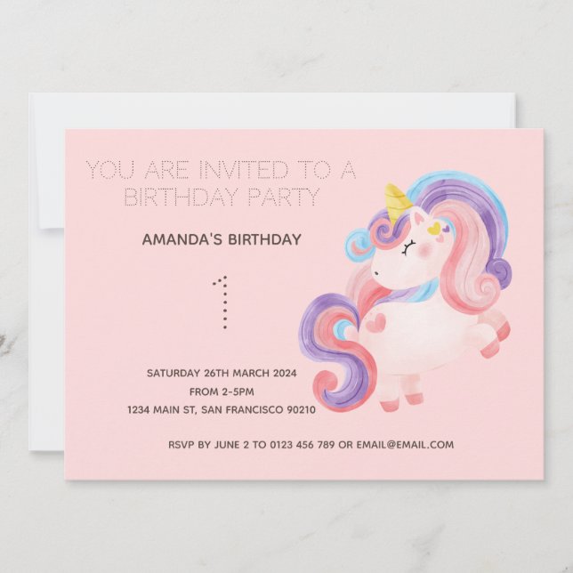 Cute Rainbow Unicorn Birthday Party Invitation (Front)