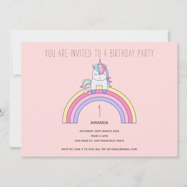 Cute Rainbow Unicorn Birthday Party Invitation (Front)