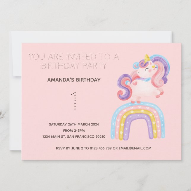 Cute Rainbow Unicorn Birthday Party Invitation (Front)