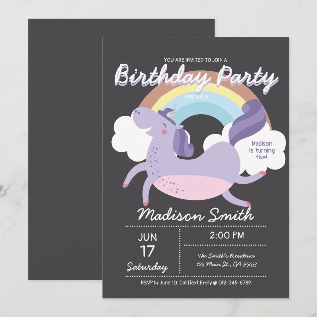 Cute Rainbow Unicorn Birthday Party Invitation (Front/Back)