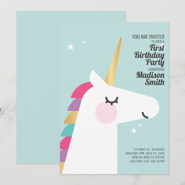 Cute Rainbow Unicorn Birthday Party Invitation (Front/Back)