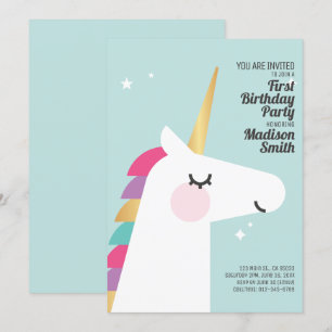 Cute Rainbow Unicorn Birthday Party Invitation