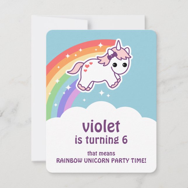 Cute Rainbow Unicorn Birthday Party Invitations (Front)