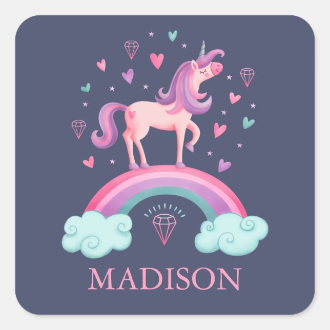 Cute Rainbow Unicorn Birthday Party Square Sticker (Front)