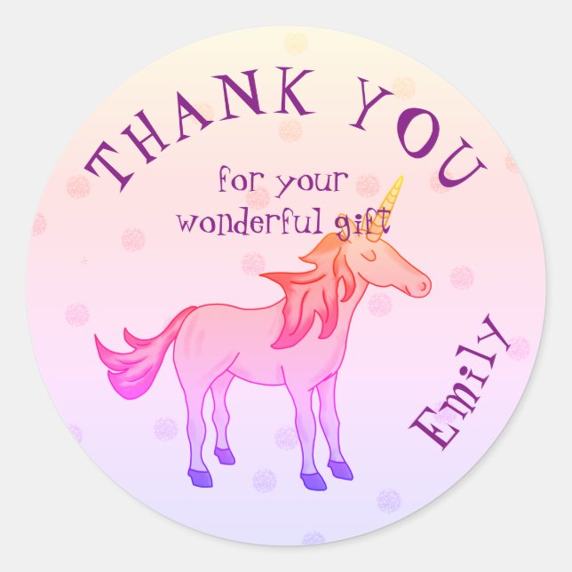 Cute Rainbow Unicorn Birthday Thank you Classic Round Sticker (Front)