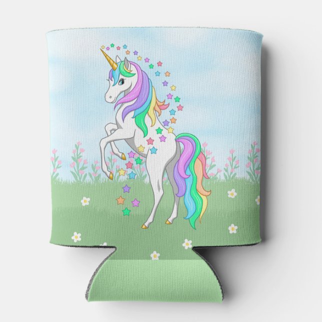 Cute Rainbow Unicorn Colourful Stars & Flowers Can Cooler (Back)