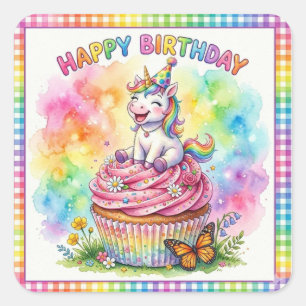 Cute Rainbow Unicorn Cupcake Happy Birthday Square Sticker