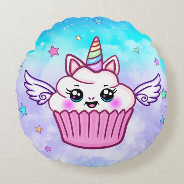 Cute Rainbow Unicorn Cupcake Kawaii Round Pillow (Front)