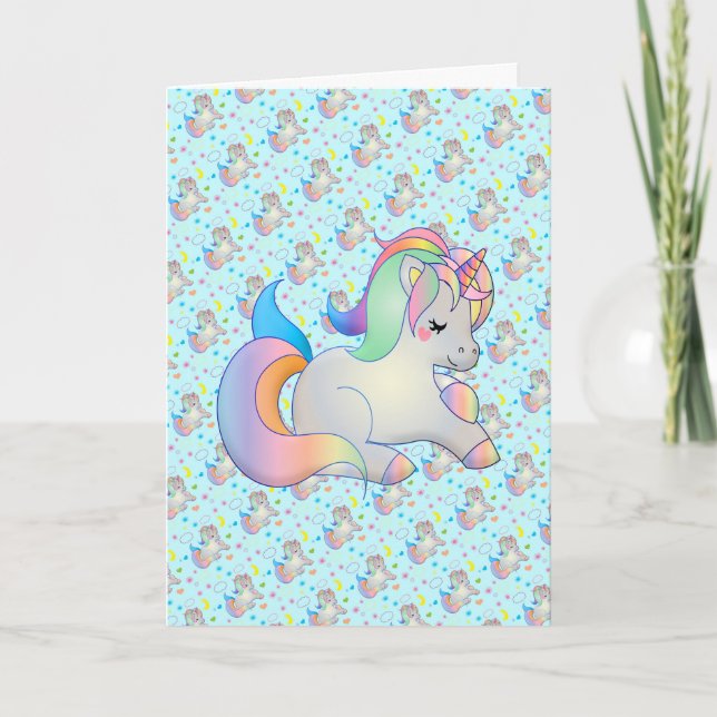 Cute Rainbow Unicorn Custom Message Template Card (Front)