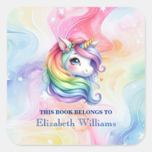 Cute Rainbow Unicorn Custom Name Bookplate Square Sticker