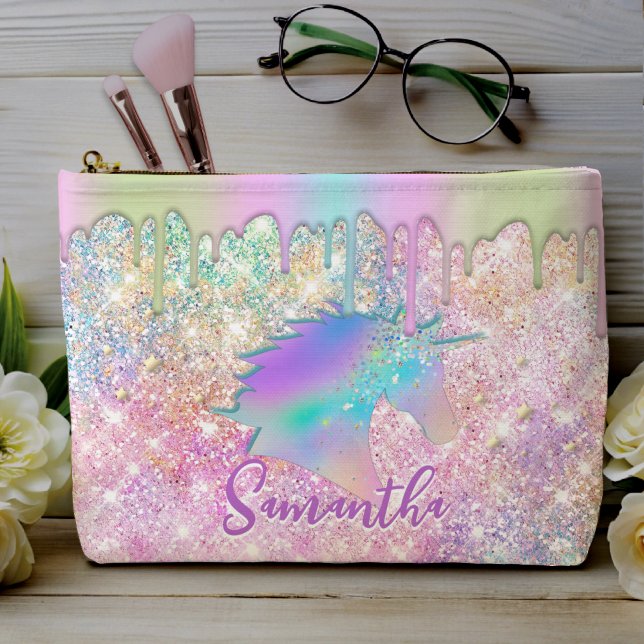 Cute Rainbow unicorn faux Glitter stars monogram Accessory Pouch (Creator Uploaded)