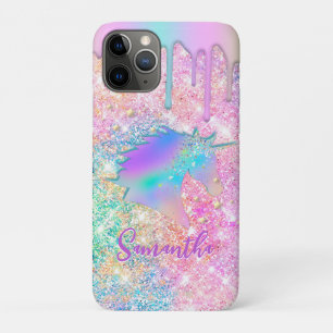 Cute Rainbow unicorn faux Glitter stars monogram iPhone 11 Pro Case