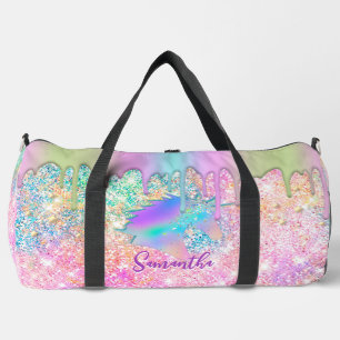 Cute Rainbow unicorn faux Glitter stars monogram Duffle Bag