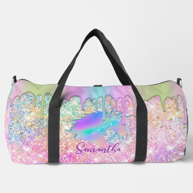 Cute Rainbow unicorn faux Glitter stars monogram Duffle Bag (Front)