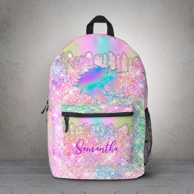 Cute Rainbow unicorn faux Glitter stars monogram  Printed Backpack (Creator Uploaded)