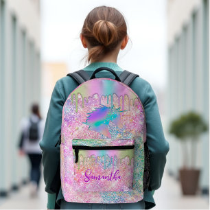 Cute Rainbow unicorn faux Glitter stars monogram  Printed Backpack