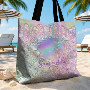 Cute Rainbow unicorn faux Glitter stars monogram Tote Bag