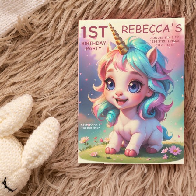 Cute Rainbow Unicorn Girl 1st Birthday Party   Invitation (Creator Uploaded)